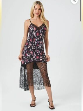 FLORAL MIDI SLIP DRESS with lace trim